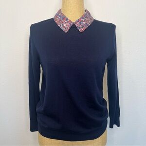 J. Crew 100% Merino Wool Navy Seater with Pink Floral Collar style L0265, size L